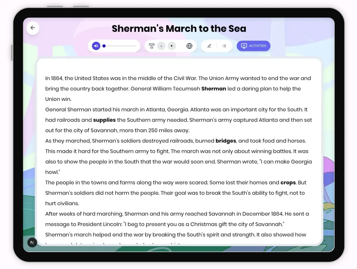 Interactive — Reading Comprehension preview: Sherman's March to the Sea covering D2.HIS.1-4.3-5, RI.4.3, RI.4.4, W.4.2 standards - Page 1 of 1