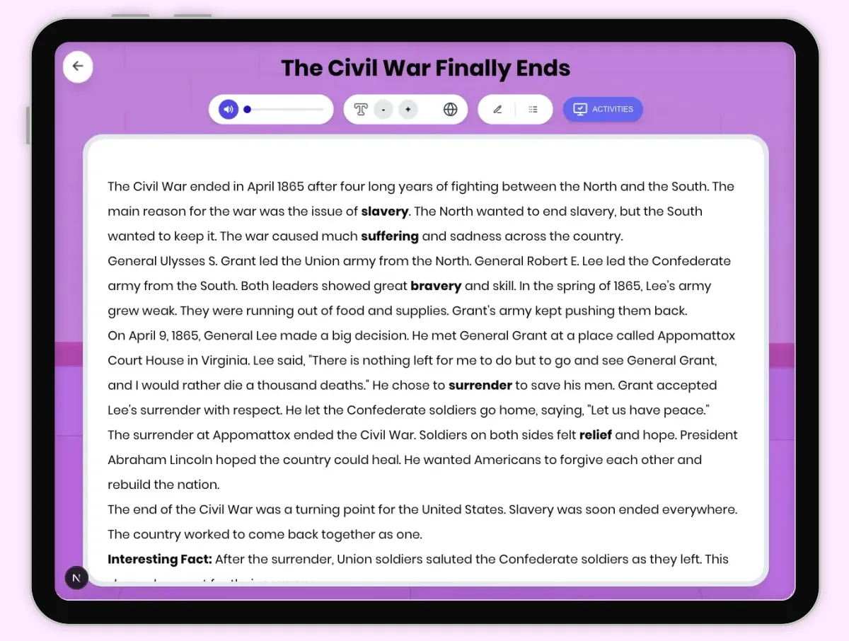 Interactive — Reading Comprehension preview: The Civil War Finally Ends covering D2.HIS.1-6.3-5, RI.4.3, RI.4.4, RI.4.10, W.4.2 standards - Page 1 of 1