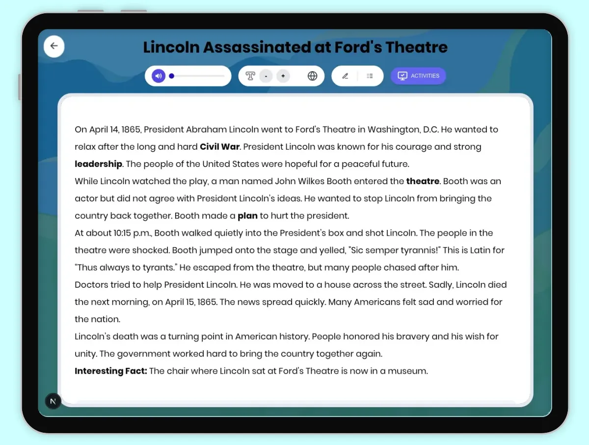 Interactive — Reading Comprehension preview: Lincoln Assassinated at Ford's Theatre covering D2.HIS.1.3-5, D2.HIS.2.3-5, RI.4.3, RI.4.4 standards - Page 1 of 1