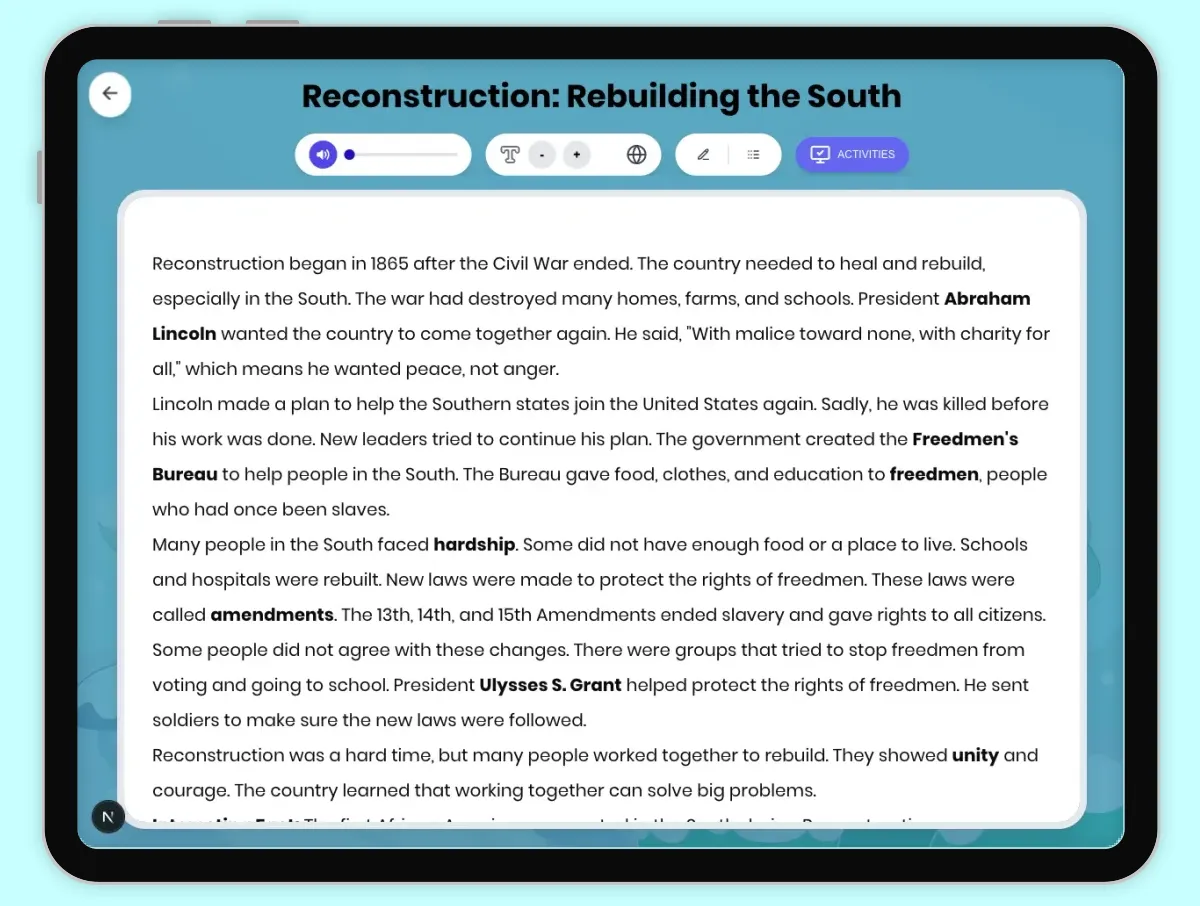 Interactive — Reading Comprehension preview: Reconstruction: Rebuilding the South covering D2.HIS.1-4.3-5, RI.4.3, RI.4.4 standards - Page 1 of 1