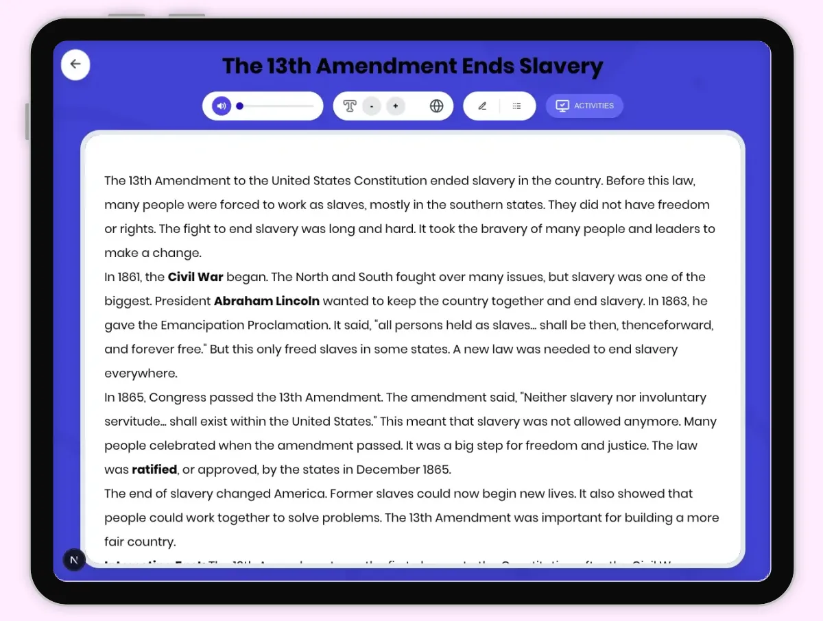 Interactive — Reading Comprehension preview: The 13th Amendment Ends Slavery covering D2.HIS.1-6.3-5, RI.4.1, RI.4.3, RI.5.1, RI.5.3 standards - Page 1 of 1