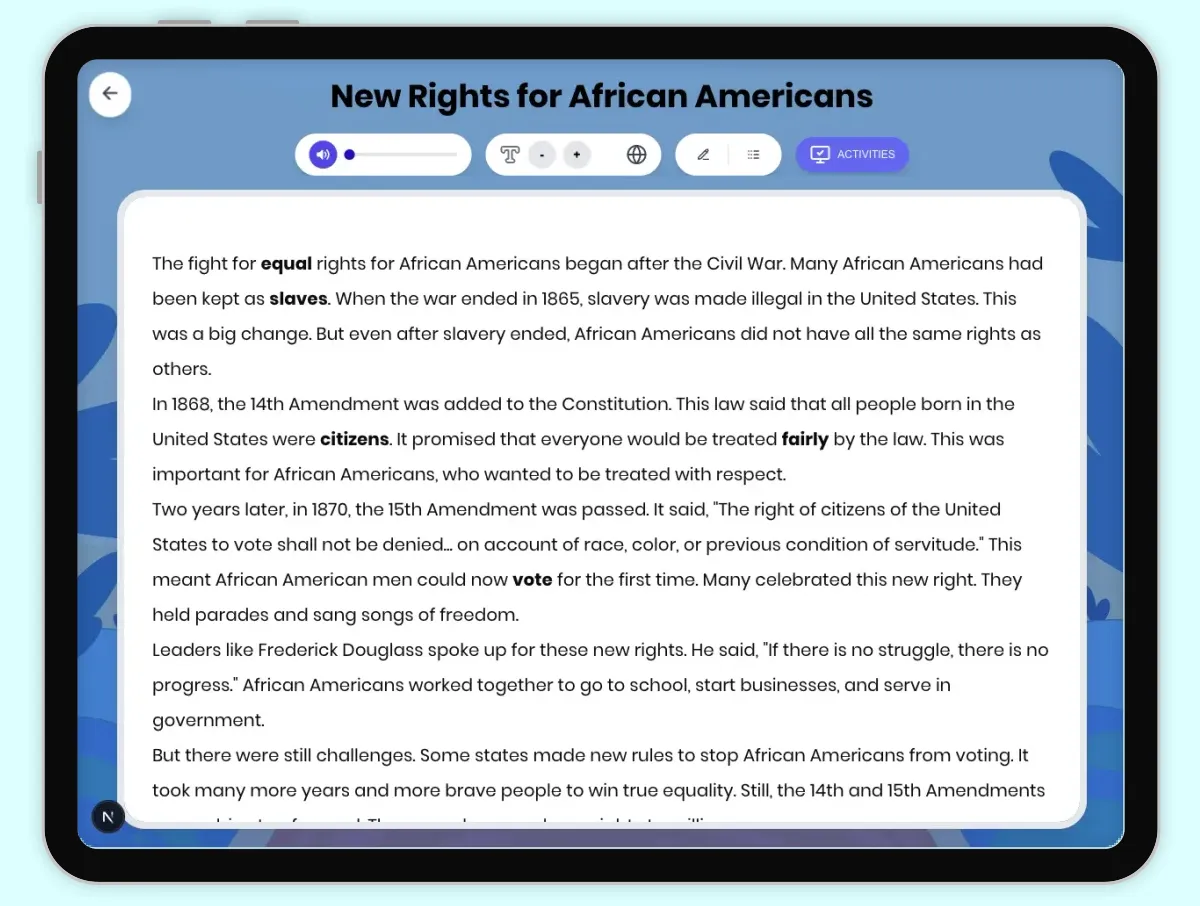 Interactive — Reading Comprehension preview: New Rights for African Americans covering D2.HIS.1-4.3-5, RI.4.1, RI.4.3, RI.4.4, W.4.2 standards - Page 1 of 1