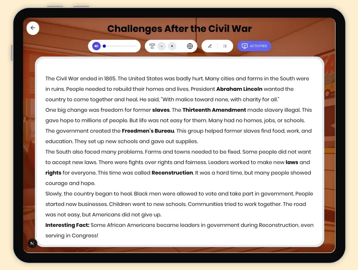 Interactive — Reading Comprehension preview: Challenges After the Civil War covering D2.HIS.1-6.3-5RI.4.3, RI.4.4, W.4.2 standards - Page 1 of 1