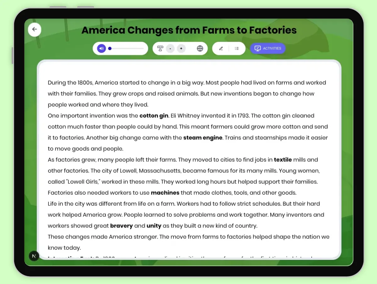 Interactive — Reading Comprehension preview: America Changes from Farms to Factories covering D2.HIS.2.3-5RI.4.3, RI.4.4, RI.4.7 standards - Page 1 of 1