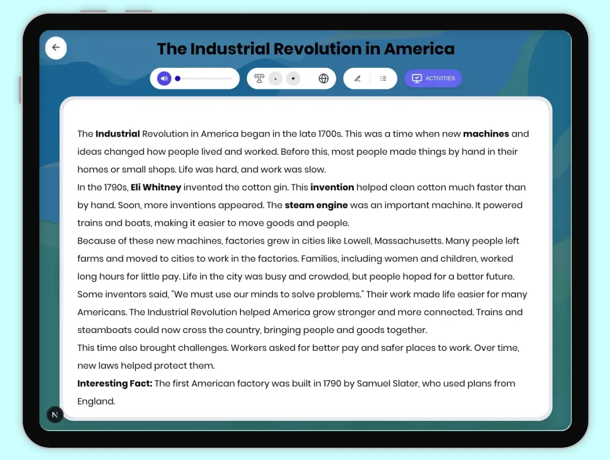 Interactive — Reading Comprehension preview: The Industrial Revolution in America covering D2.HIS.1-6.3-5, RI.4.3, RI.4.4 standards - Page 1 of 1