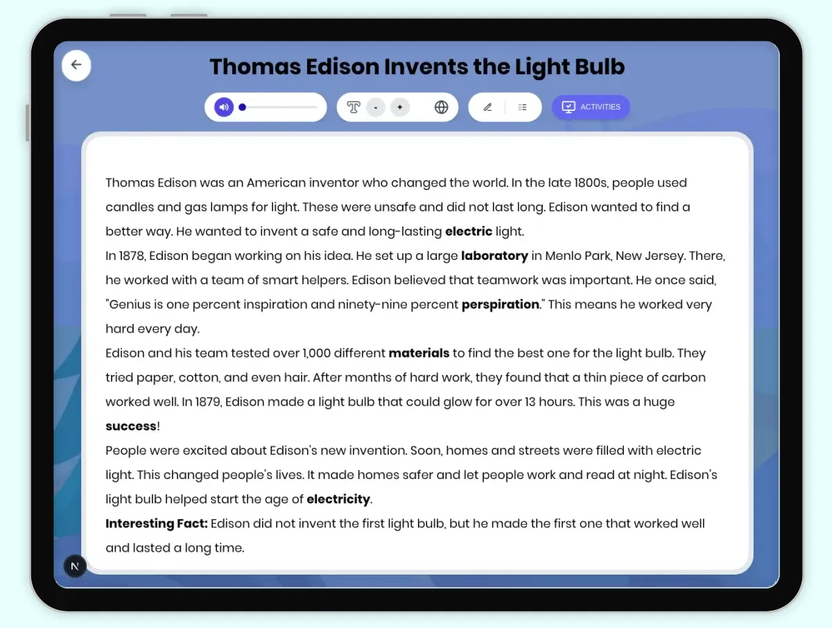 Interactive — Reading Comprehension preview: Thomas Edison Invents the Light Bulb covering D2.HIS.2.3-5, D2.HIS.3.3-5, RI.4.3, RI.4.4, RI.5.3, RI.5.4 standards - Page 1 of 1