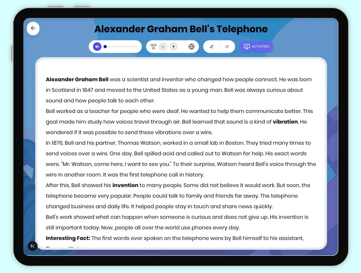Interactive — Reading Comprehension preview: Alexander Graham Bell's Telephone covering D2.HIS.1-6.3-5, RI.4.3, RI.5.3 standards - Page 1 of 1