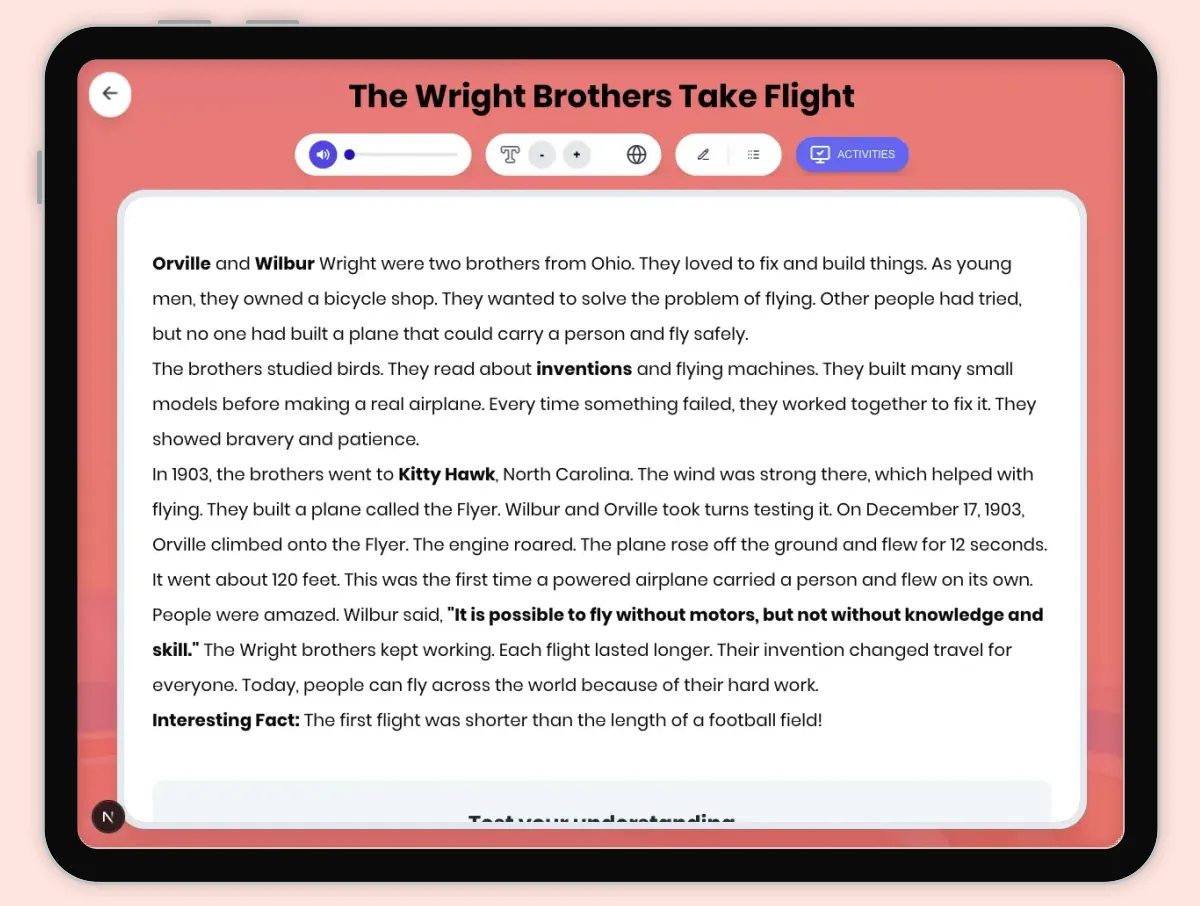 Interactive — Reading Comprehension preview: The Wright Brothers Take Flight covering D2.HIS.1-6.3-5, RI.4.3, RI.4.4, W.4.2 standards - Page 1 of 1