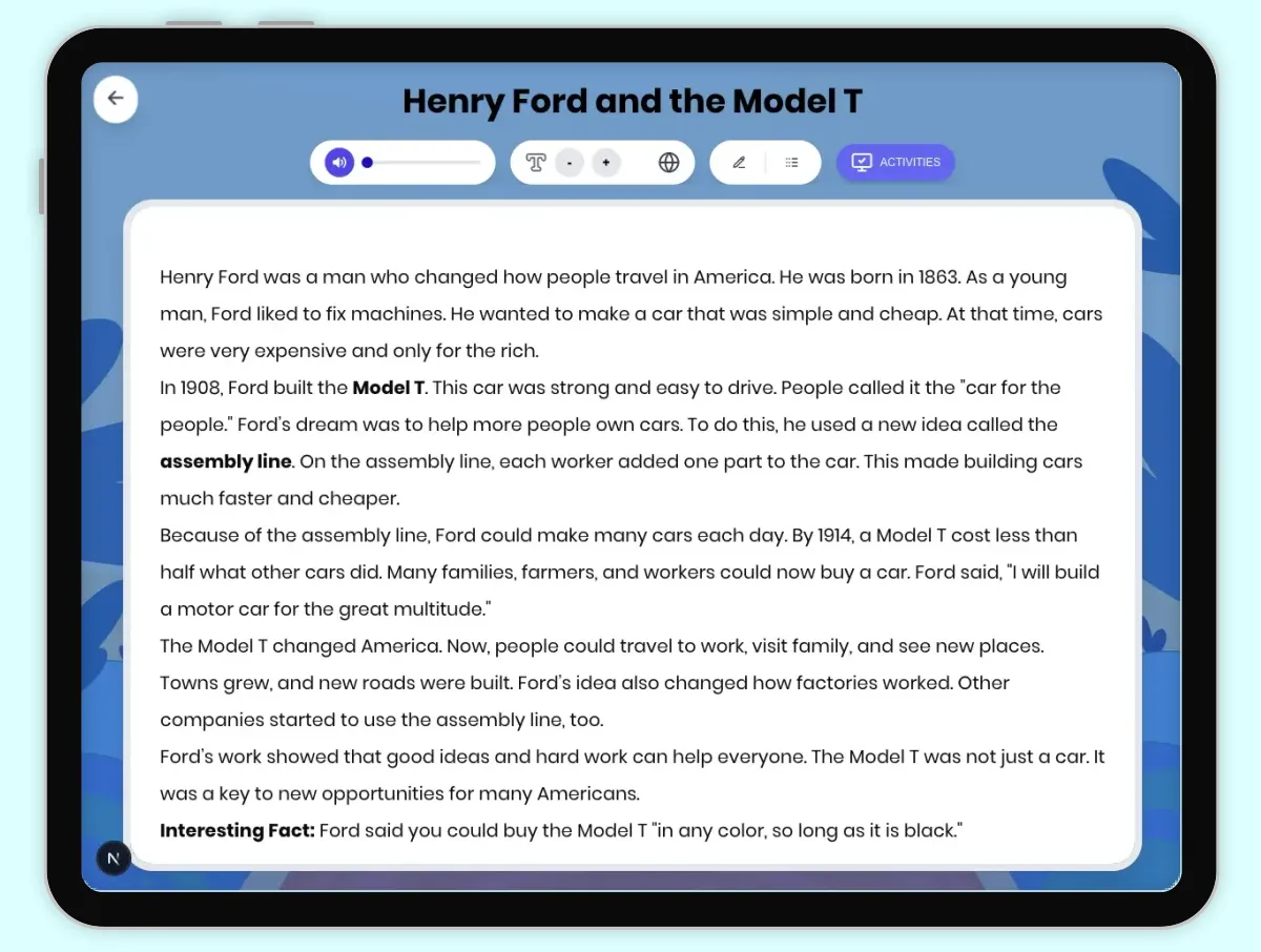 Interactive — Reading Comprehension preview: Henry Ford and the Model T covering D2.HIS.1-4.3-5, RI.4.3, RI.4.4, RI.5.3, RI.5.4 standards - Page 1 of 1