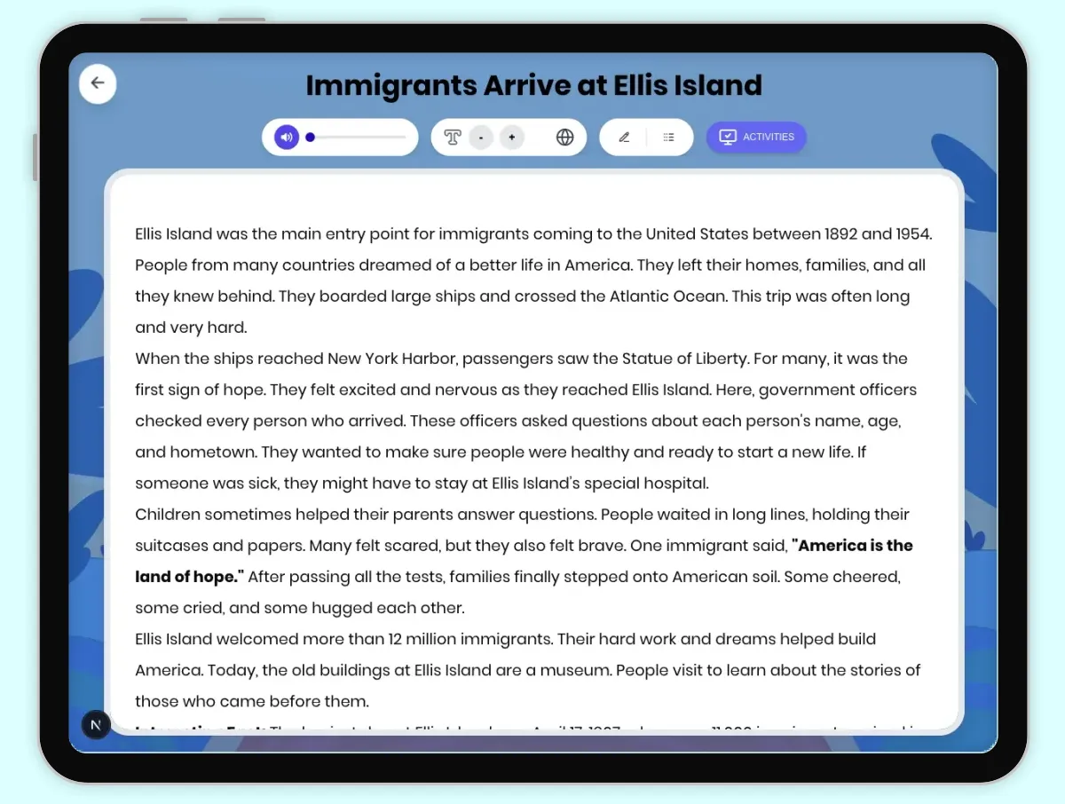 Interactive — Reading Comprehension preview: Immigrants Arrive at Ellis Island covering  standards - Page 1 of 1