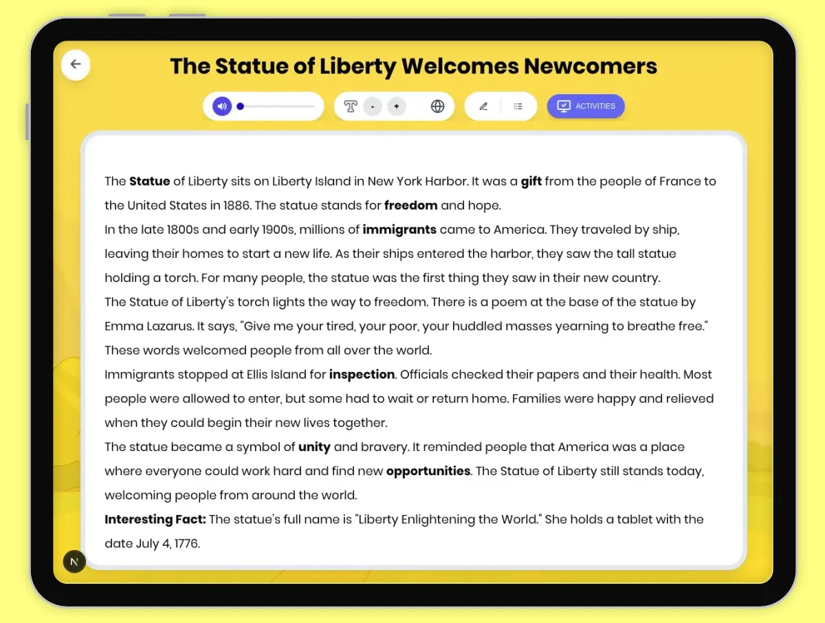 Interactive — Reading Comprehension preview: The Statue of Liberty Welcomes Newcomers covering D2.HIS.1-4.3-5, RI.4.3, RI.4.4 standards - Page 1 of 1