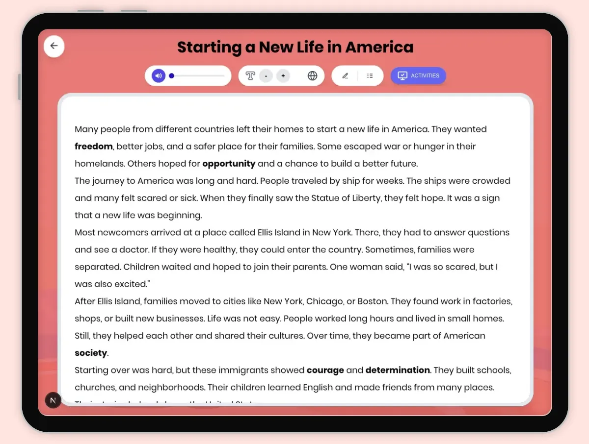 Interactive — Reading Comprehension preview: Starting a New Life in America covering D2.HIS.2.3-5, D2.HIS.3.3-5, RI.4.3, RI.4.4, RI.5.3 standards - Page 1 of 1