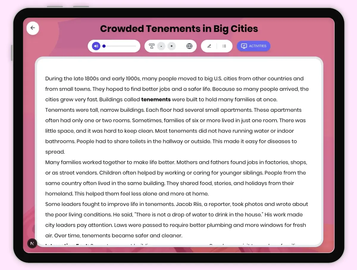 Interactive — Reading Comprehension preview: Crowded Tenements in Big Cities covering D2.HIS.1-4.3-5, RI.4.1, RI.4.3, RI.4.4 standards - Page 1 of 1