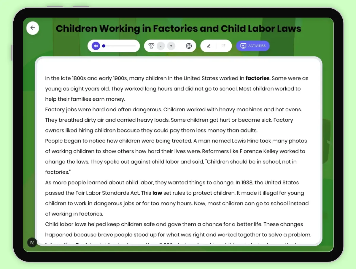 Interactive — Reading Comprehension preview: Children Working in Factories and Child Labor Laws covering RI.4.3, RI.4.4, RI.4.7 standards - Page 1 of 1