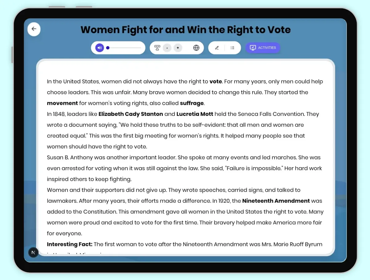 Interactive — Reading Comprehension preview: Women Fight for and Win the Right to Vote covering RI.4.3, RI.4.4, RI.4.5 standards - Page 1 of 1