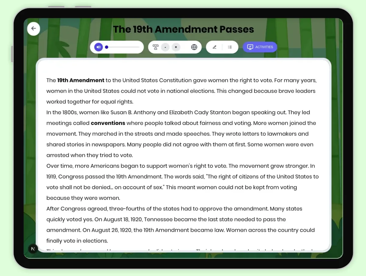 Interactive — Reading Comprehension preview: The 19th Amendment Passes covering D2.HIS.1-4.3-5, RI.4.3, RI.4.4 standards - Page 1 of 1