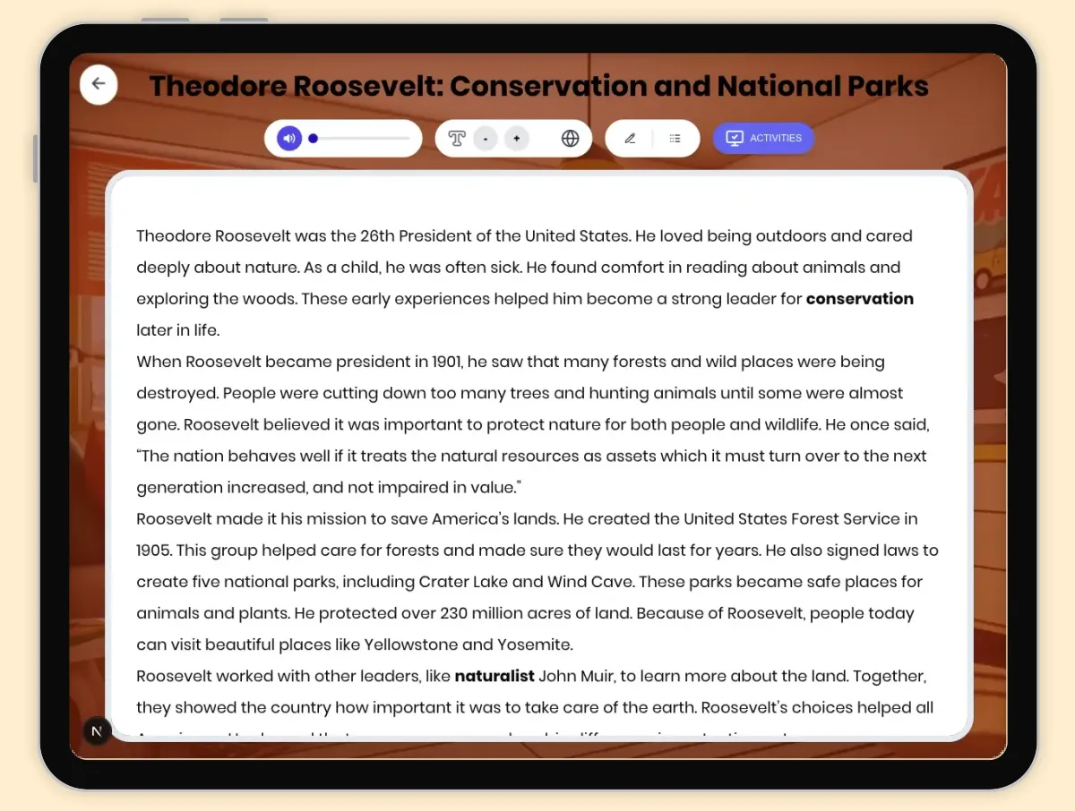 Interactive — Reading Comprehension preview: Theodore Roosevelt: Conservation and National Parks covering D2.HIS.1-4.3-5, RI.4.1, RI.4.2, RI.4.3, W.4.2, W.4.7 standards - Page 1 of 1