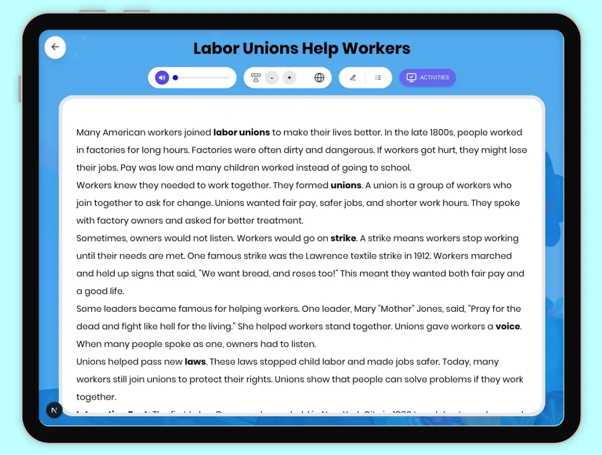 Interactive — Reading Comprehension preview: Labor Unions Help Workers covering D2.HIS.2.3-5, D2.HIS.4.3-5, RI.4.3, RI.4.4 standards - Page 1 of 1