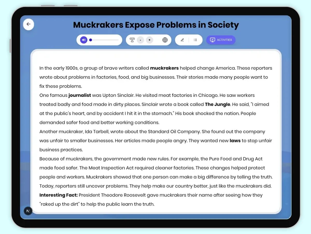 Interactive — Reading Comprehension preview: Muckrakers Expose Problems in Society covering  standards - Page 1 of 1
