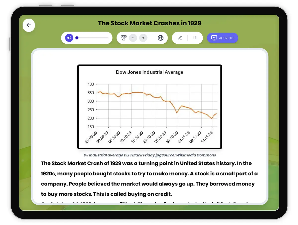 Interactive — Reading Comprehension preview: The Stock Market Crashes in 1929 covering D2.HIS.1-4.3-5, RI.4.3, RI.4.4, RI.5.3, RI.5.4 standards - Page 1 of 1
