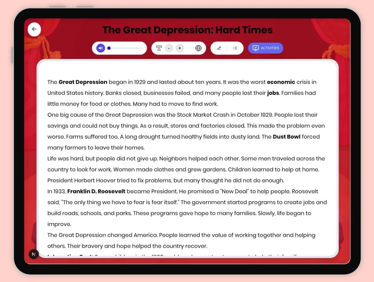 Interactive — Reading Comprehension preview: The Great Depression: Hard Times covering D2.HIS.1-4.3-5, RI.4.3, RI.4.4, RI.5.3, RI.5.4 standards - Page 1 of 1