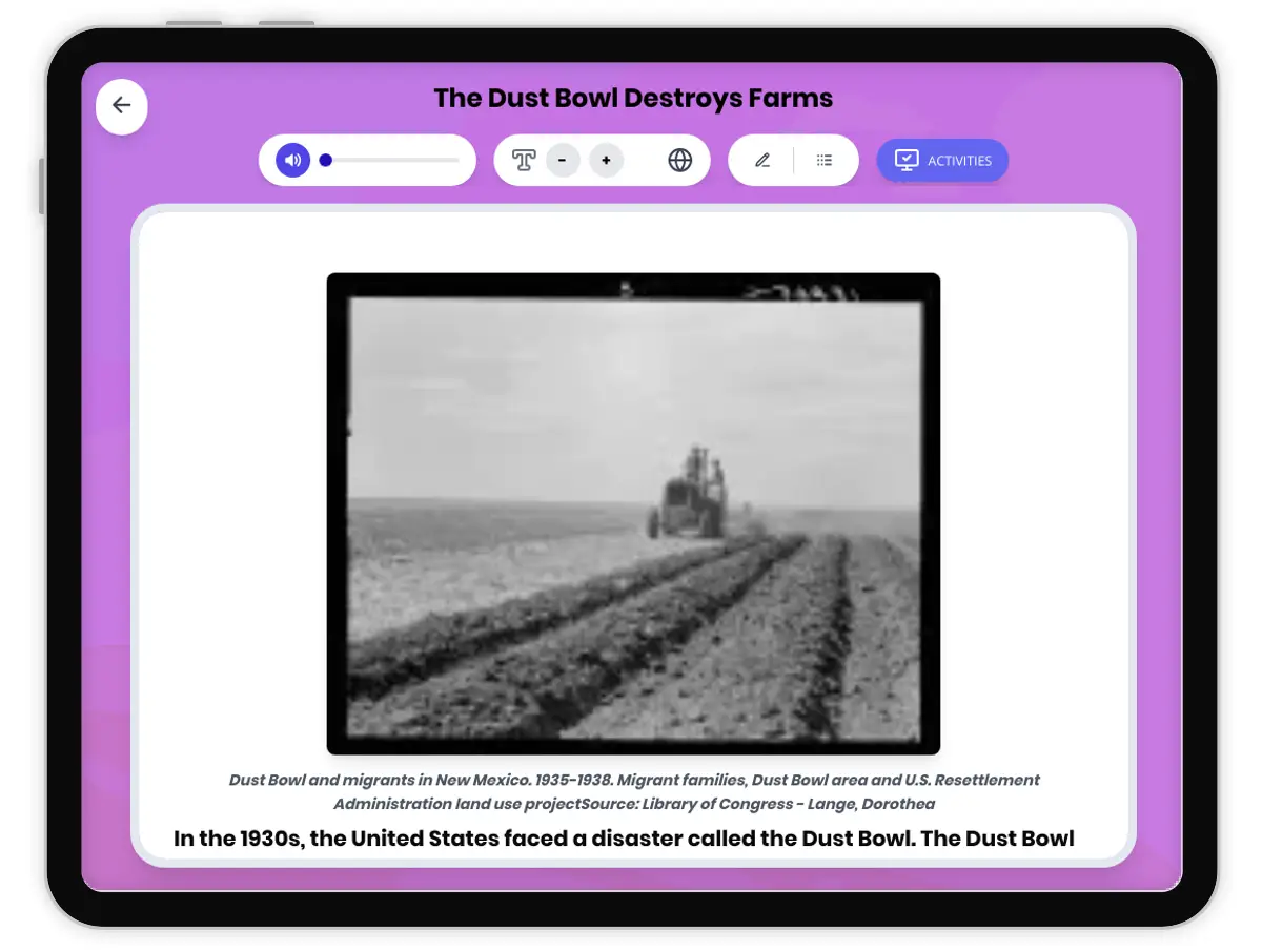 Interactive — Reading Comprehension preview: The Dust Bowl Destroys Farms covering D2.HIS.1-3.3-5, RI.4.3, RI.4.4, RI.4.10 standards - Page 1 of 1