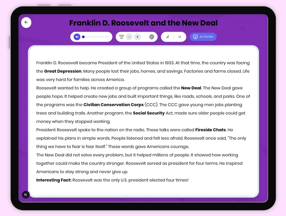 Interactive — Reading Comprehension preview: Franklin D. Roosevelt and the New Deal covering D2.HIS.2.3-5, D2.HIS.14.3-5, RI.4.3, RI.4.4, RI.4.10 standards - Page 1 of 1