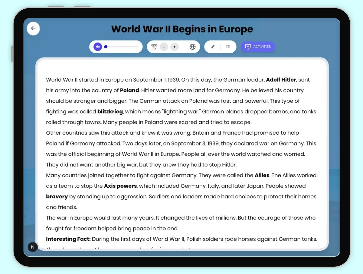 Interactive — Reading Comprehension preview: World War II Begins in Europe covering D2.HIS.1-4.3-5RI.4.1, RI.4.3, RI.4.4, RI.4.10 standards - Page 1 of 1