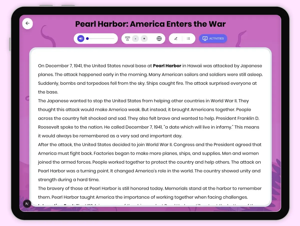Interactive — Reading Comprehension preview: Pearl Harbor: America Enters the War covering D2.HIS.1-3.3-5, RI.4.3, RI.5.2 standards - Page 1 of 1
