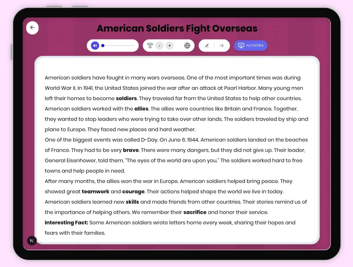 Interactive — Reading Comprehension preview: American Soldiers Fight Overseas covering D2.HIS.1-6.3-5, RI.4.3, RI.4.4, RI.5.3, RI.5.4 standards - Page 1 of 1