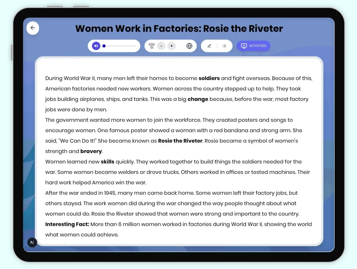 Interactive — Reading Comprehension preview: Women Work in Factories: Rosie the Riveter covering D2.HIS.1-6.3-5RI.4.1, RI.4.3, RI.4.4, W.4.2, W.4.9 standards - Page 1 of 1