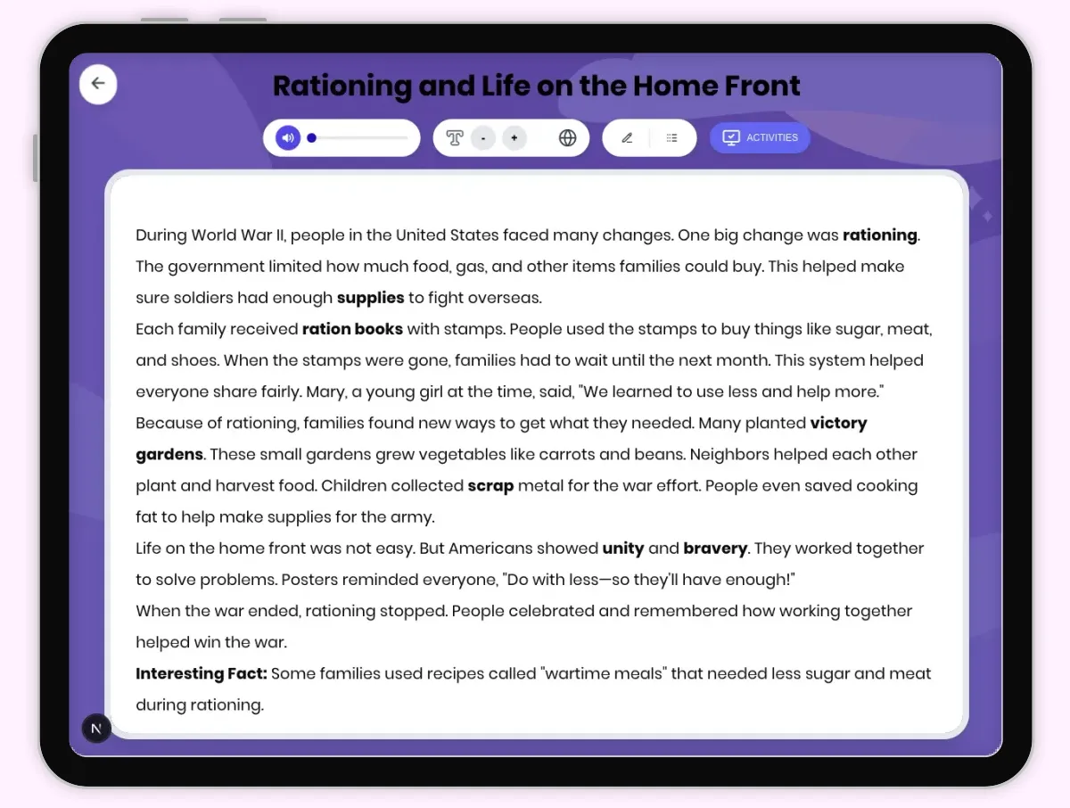Interactive — Reading Comprehension preview: Rationing and Life on the Home Front covering D2.HIS.2.3-5, D2.HIS.14.3-5, RI.4.3, RI.4.4, RI.4.10 standards - Page 1 of 1