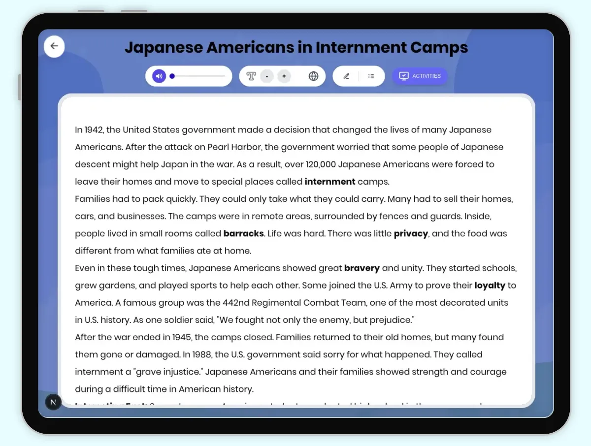 Interactive — Reading Comprehension preview: Japanese Americans in Internment Camps covering D2.HIS.1-5.3-5, RI.4.3, RI.5.3 standards - Page 1 of 1