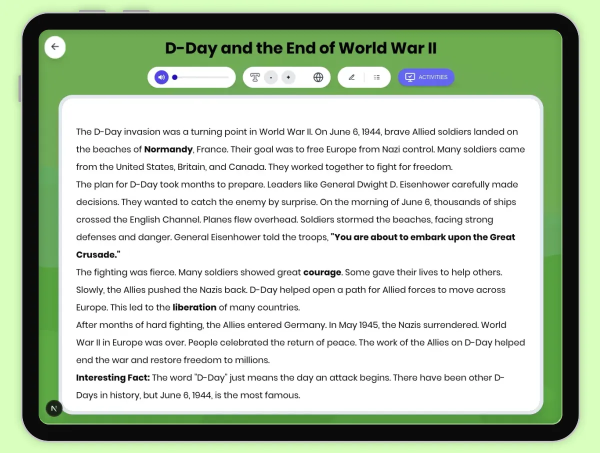 Interactive — Reading Comprehension preview: D-Day and the End of World War II covering D2.HIS.2.3-5, D2.HIS.14.3-5, RI.4.3, RI.4.4 standards - Page 1 of 1