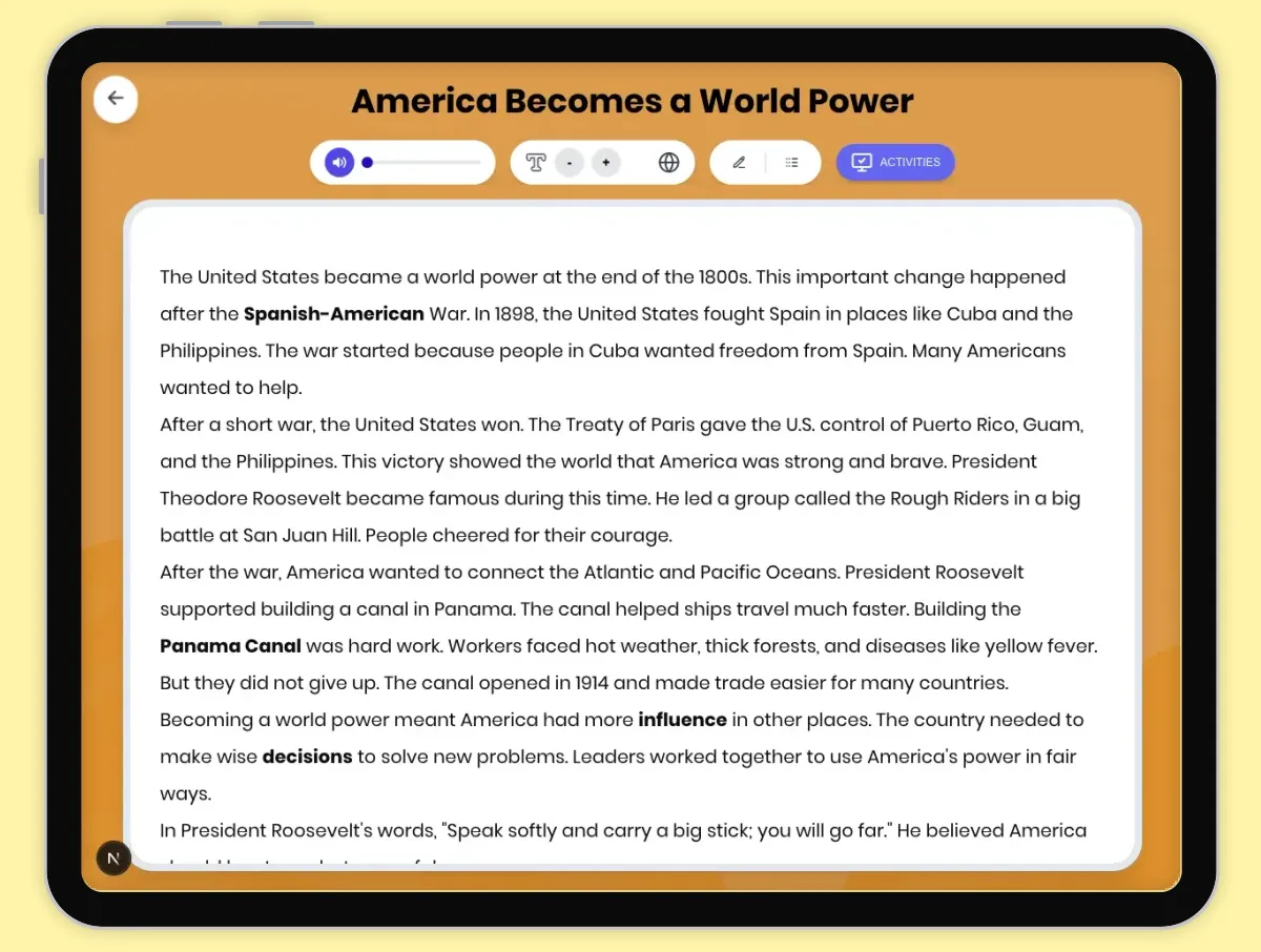 Interactive — Reading Comprehension preview: America Becomes a World Power covering D2.HIS.2.3-5, D2.HIS.16.3-5, RI.4.3, RI.4.4, RI.4.10 standards - Page 1 of 1