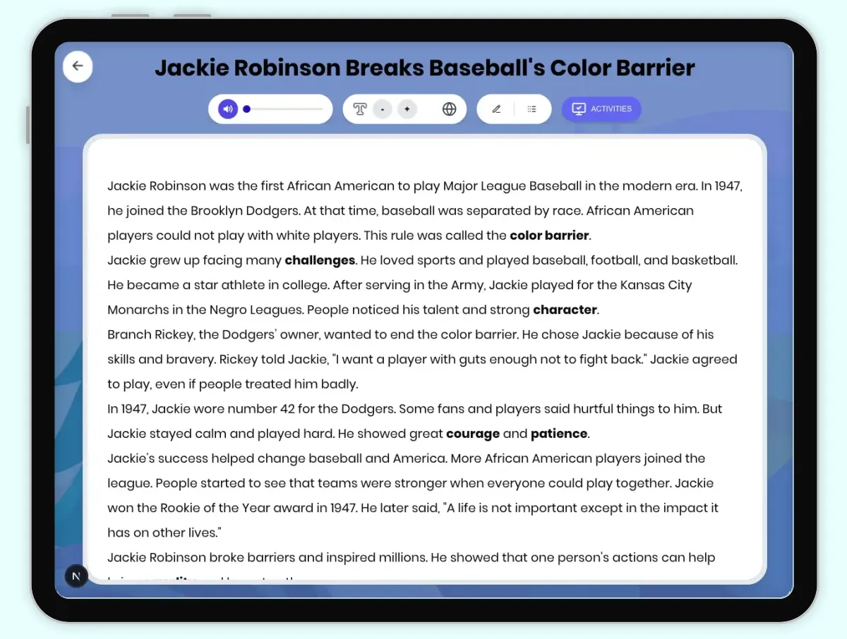 Interactive — Reading Comprehension preview: Jackie Robinson Breaks Baseball's Color Barrier covering D2.HIS.2.3-5, D2.HIS.3.3-5, RI.4.3, RI.4.4, W.4.2 standards - Page 1 of 1
