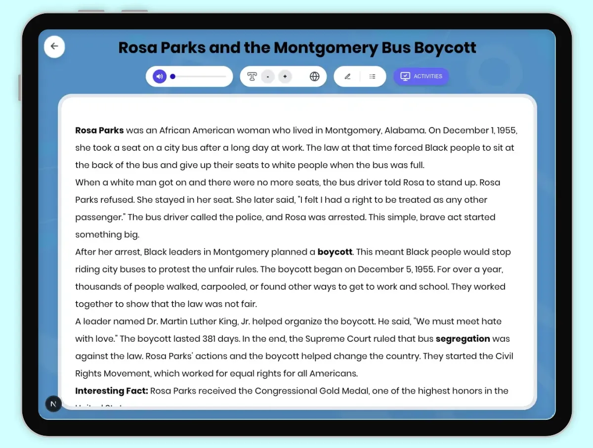 Interactive — Reading Comprehension preview: Rosa Parks and the Montgomery Bus Boycott covering D2.HIS.2.3-5, D2.HIS.16.3-5, RI.4.3, RI.4.4, W.4.2 standards - Page 1 of 1