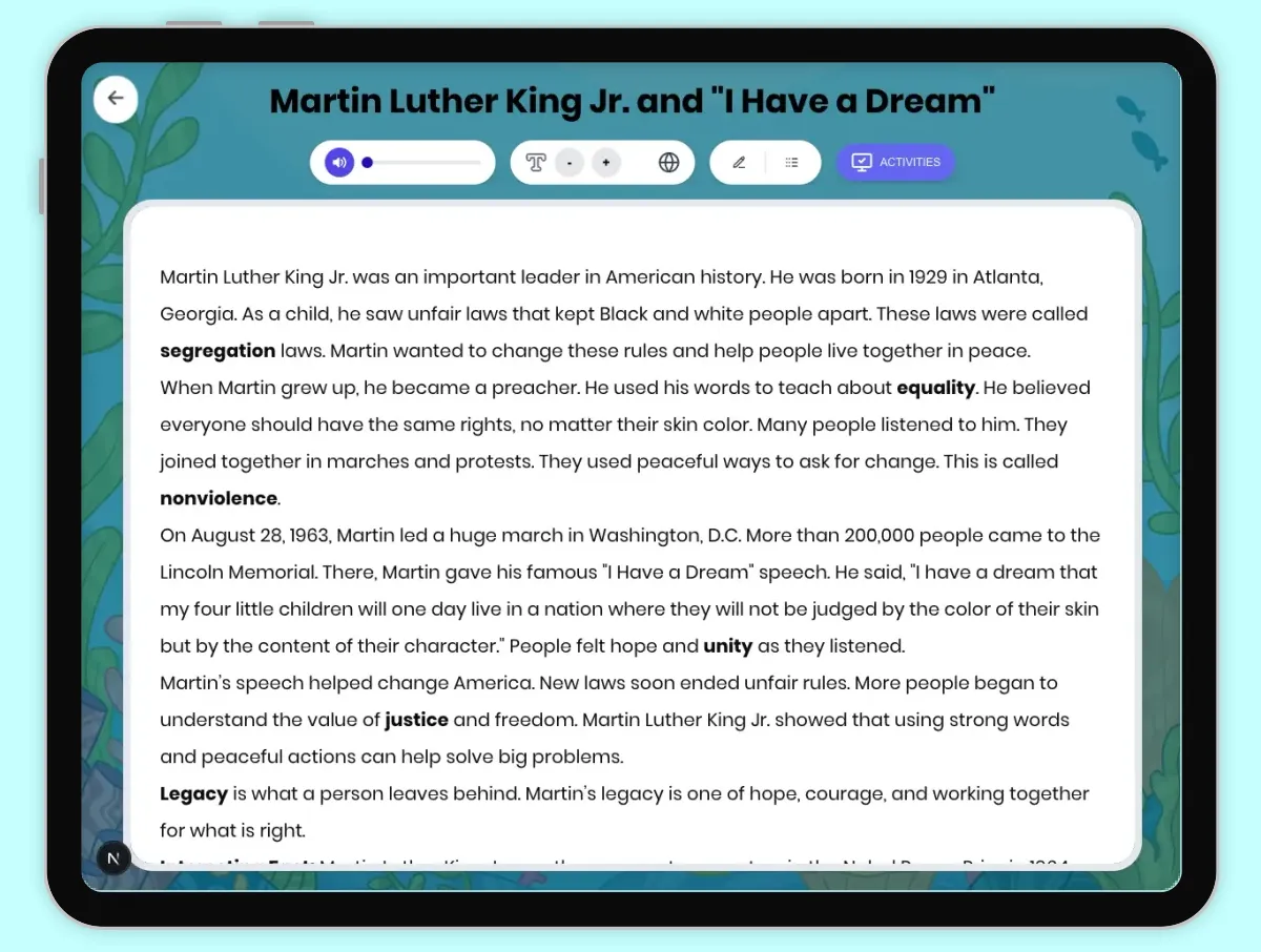 Interactive — Reading Comprehension preview: Martin Luther King Jr. and "I Have a Dream" covering D2.HIS.2.3-5, D2.HIS.14.3-5, RI.4.1, RI.4.3. standards - Page 1 of 1