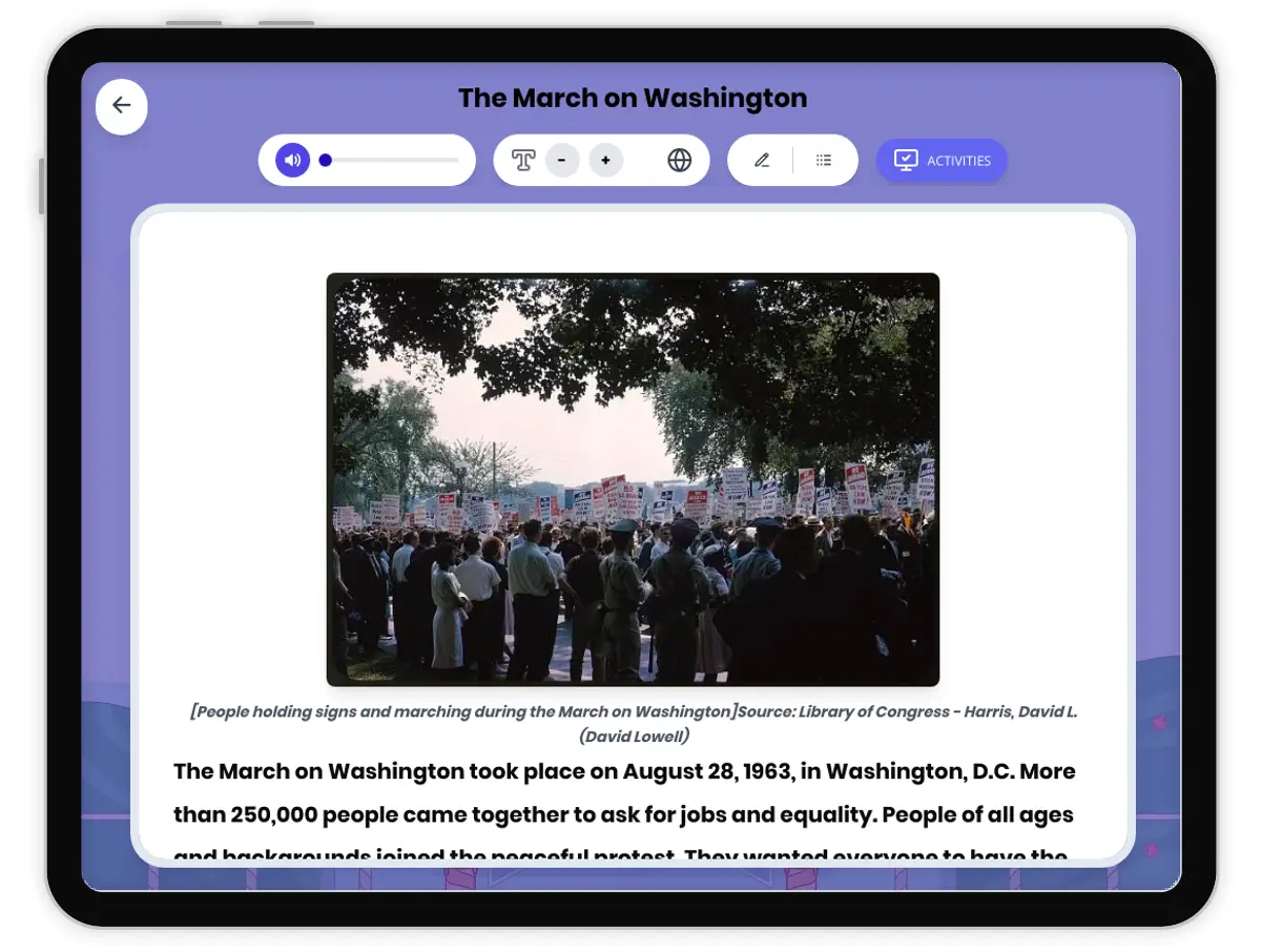 Interactive — Reading Comprehension preview: The March on Washington covering RI.4.1, RI.4.3, RI.4.4 standards - Page 1 of 1