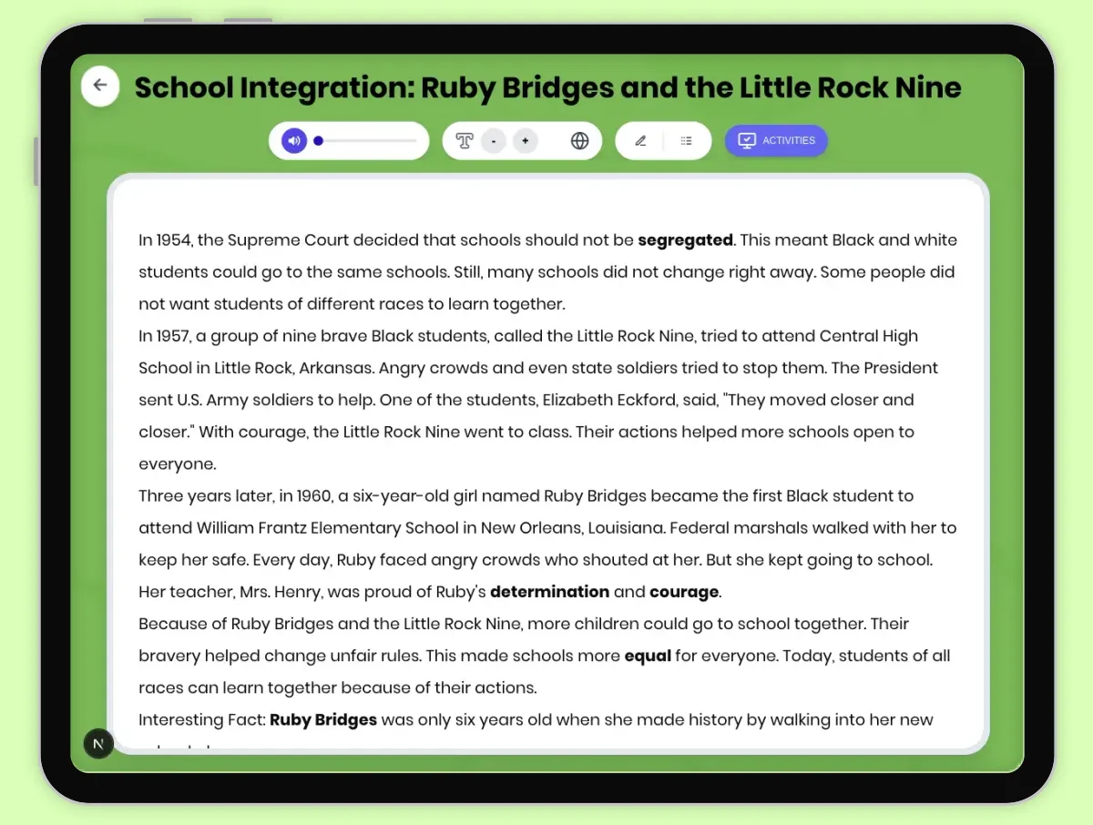 Interactive — Reading Comprehension preview: School Integration: Ruby Bridges and the Little Rock Nine covering D2.HIS.2.3-5, D2.HIS.14.3-5, RI.4.3, RI.4.4, RI.5.3, RI.5.4 standards - Page 1 of 1