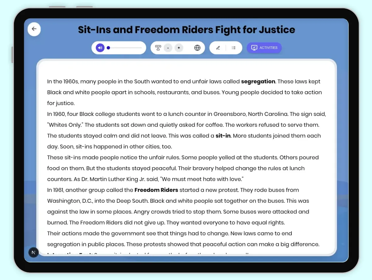 Interactive — Reading Comprehension preview: Sit-Ins and Freedom Riders Fight for Justice covering D2.HIS.2.3-5, D2.HIS.14.3-5, RI.4.1, RI.4.3, RI.4.4, RI.5.1, RI.5.3 standards - Page 1 of 1