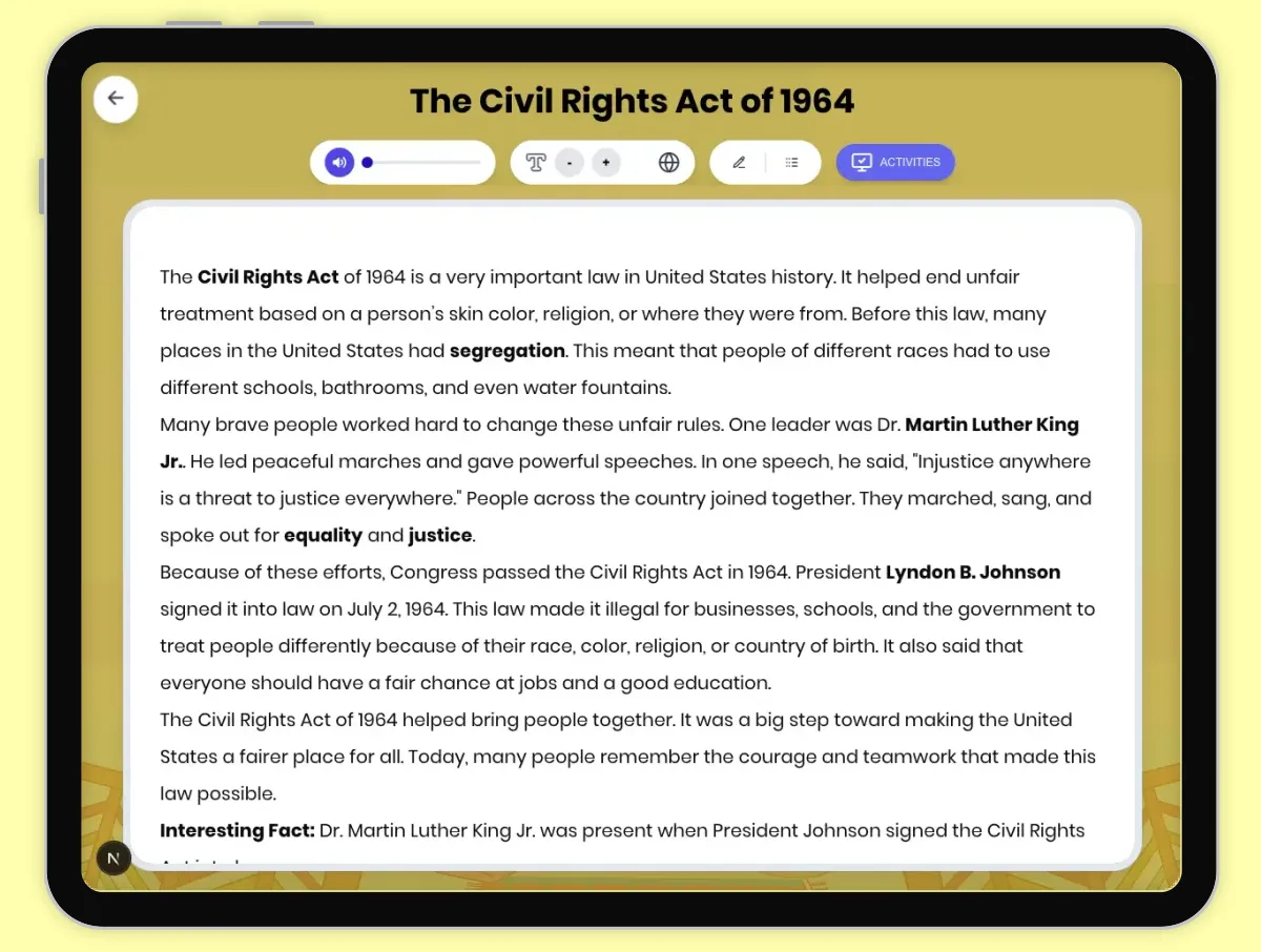 Interactive — Reading Comprehension preview: The Civil Rights Act of 1964 covering D2.HIS.2.3-5, D2.HIS.5.3-5, RI.4.1, RI.4.3, RI.4.4 standards - Page 1 of 1