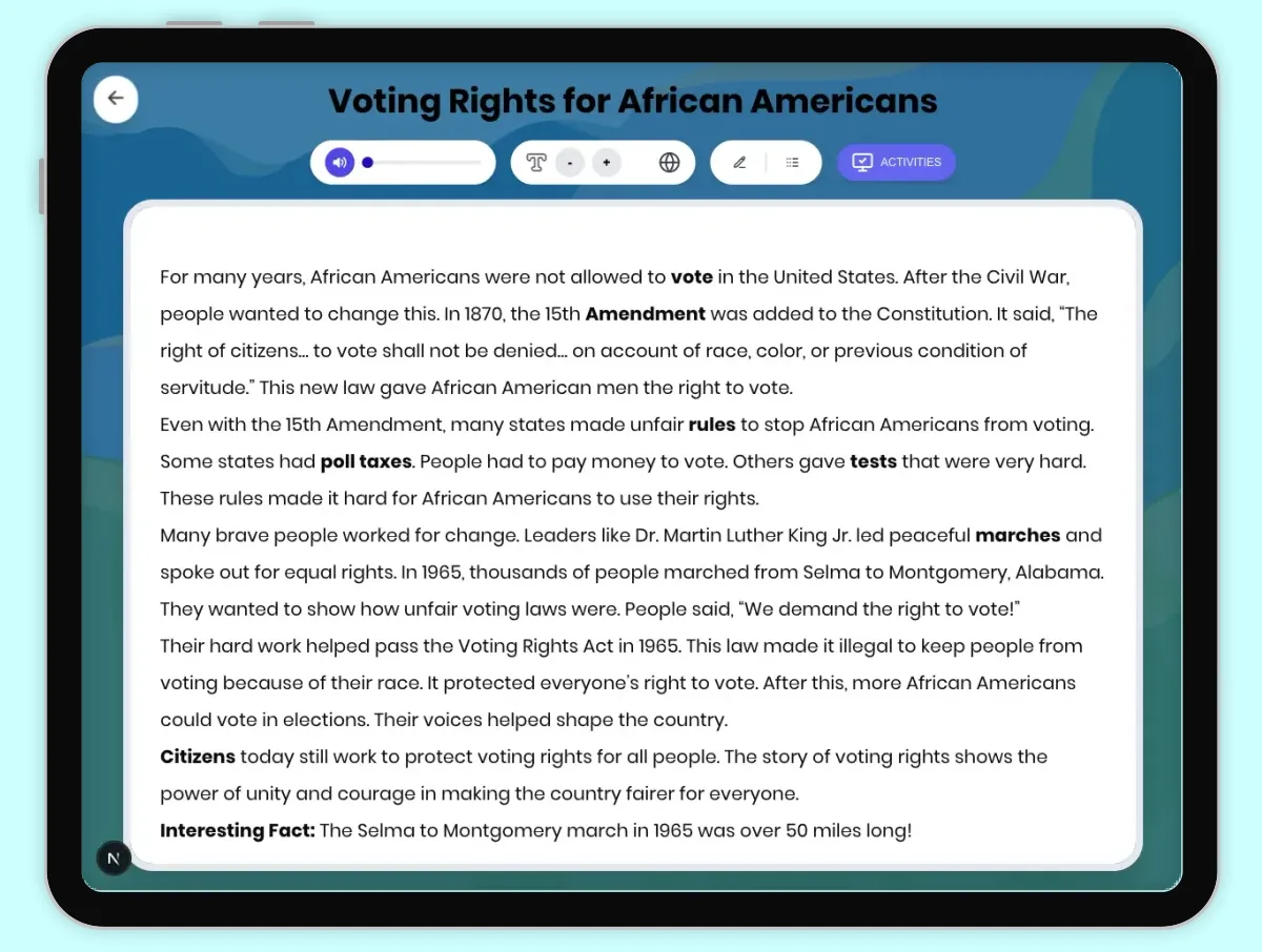 Interactive — Reading Comprehension preview: Voting Rights for African Americans covering D2.HIS.1-6.3-5, RI.4.1, RI.4.3, RI.4.4 standards - Page 1 of 1