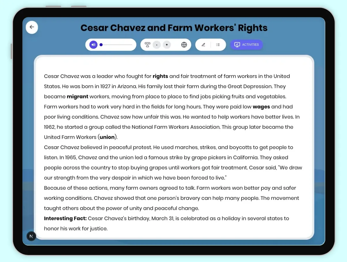 Interactive — Reading Comprehension preview: Cesar Chavez and Farm Workers' Rights covering D2.HIS.2.3-5, D2.HIS.14.3-5, RI.4.3, RI.4.4, RI.4.10 standards - Page 1 of 1