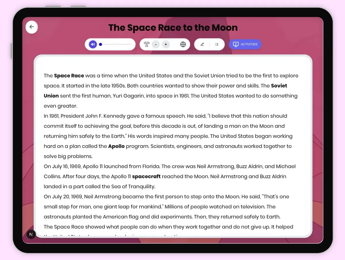 Interactive — Reading Comprehension preview: The Space Race to the Moon covering D2.HIS.2.3-5, D2.HIS.3.3-5, RI.4.1, RI.4.3, RI.4.4, RI.4.10 standards - Page 1 of 1