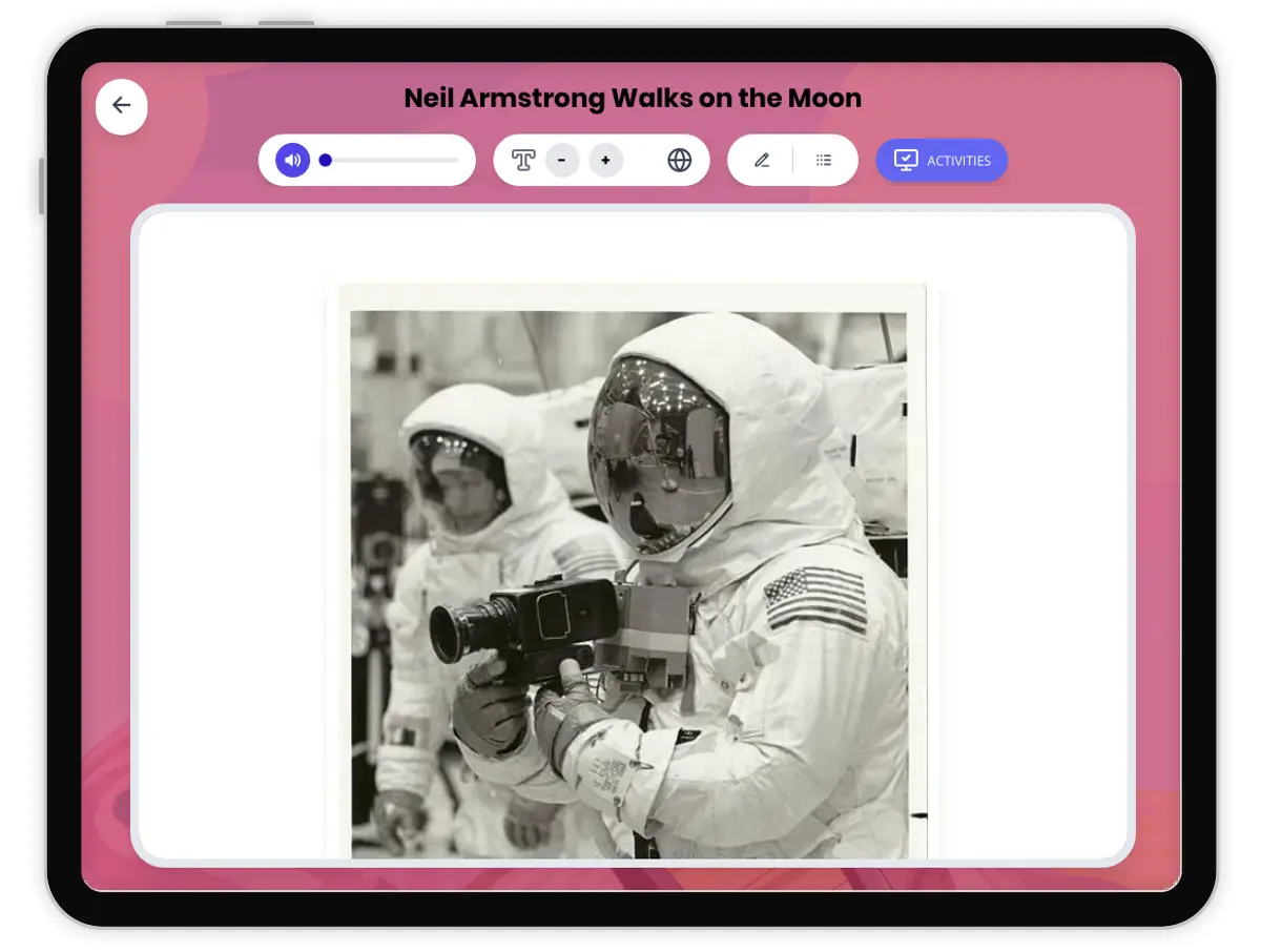 Interactive — Reading Comprehension preview: Neil Armstrong Walks on the Moon covering D2.HIS.1-4.3-5, RI.4.1, RI.4.3, RI.4.4, W.4.2 standards - Page 1 of 1