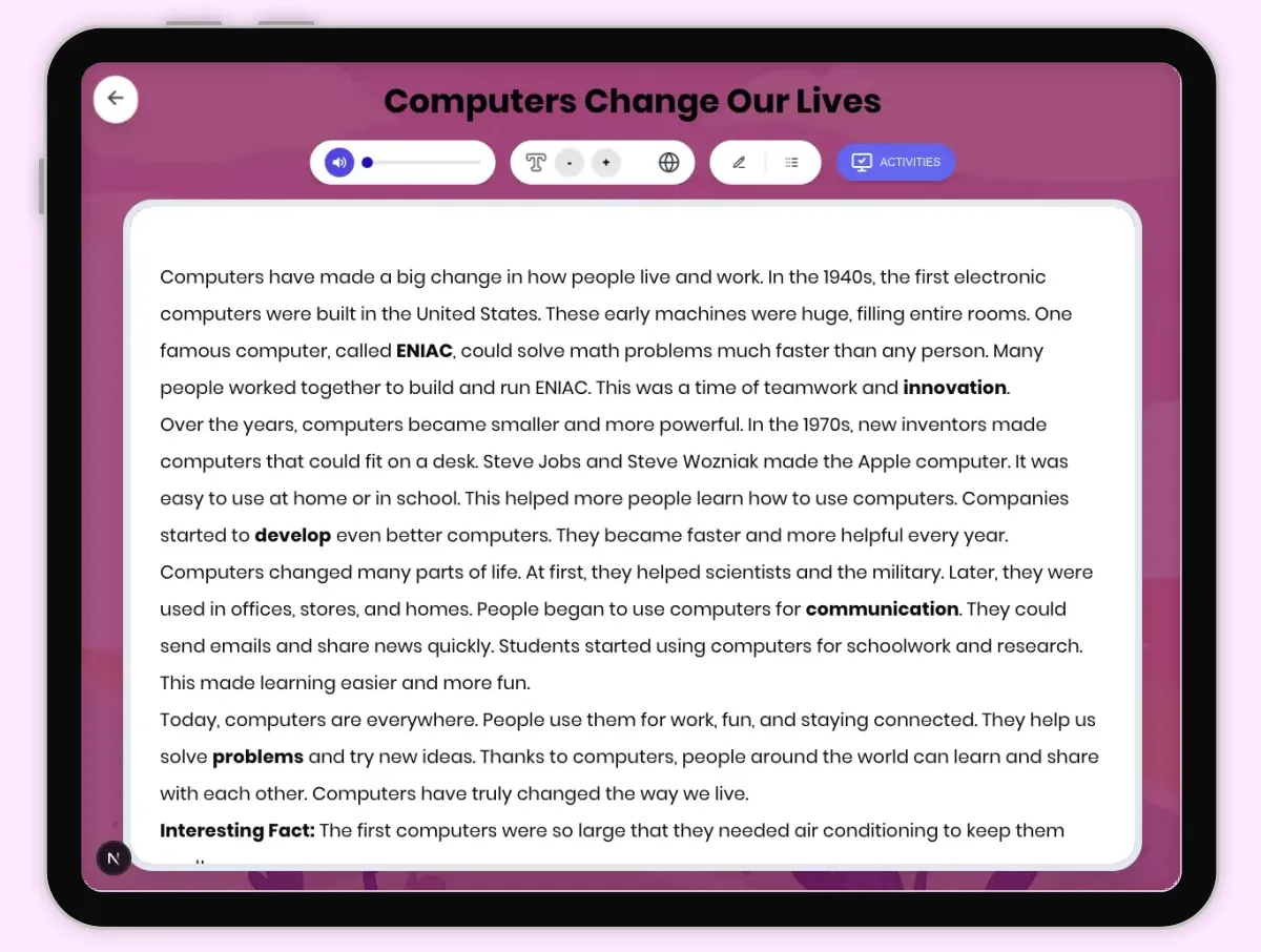 Interactive — Reading Comprehension preview: Computers Change Our Lives covering D2.HIS.1-6.3-5, RI.4.3, RI.5.3 standards - Page 1 of 1