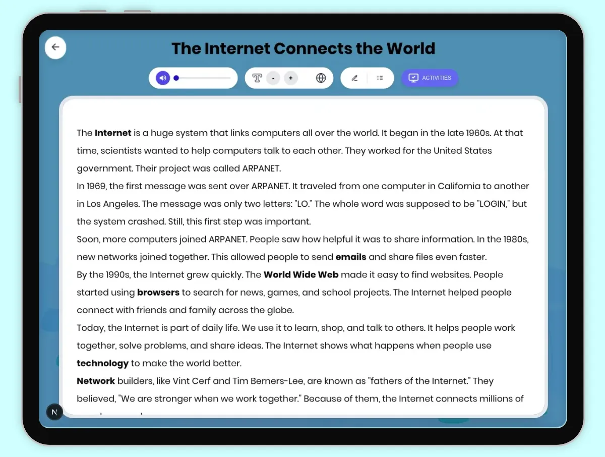 Interactive — Reading Comprehension preview: The Internet Connects the World covering D2.HIS.1-3.3-5, RI.4.1, RI.4.3, RI.4.4, RI.4.10 standards - Page 1 of 1