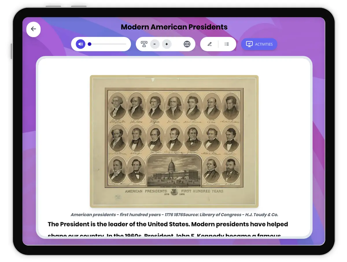 Interactive — Reading Comprehension preview: Modern American Presidents covering D2.HIS.1-4.3-5RI.4.3, RI.4.4 standards - Page 1 of 1