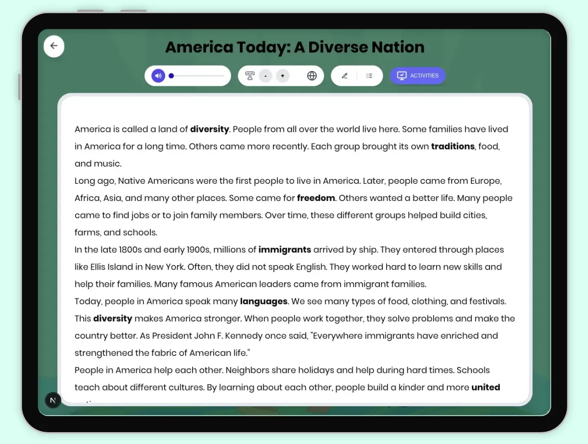 Interactive — Reading Comprehension preview: America Today: A Diverse Nation covering D2.HIS.2.3-5, D2.HIS.14.3-5, RI.4.1, RI.4.3, RI.4.4, RI.4.10 standards - Page 1 of 1